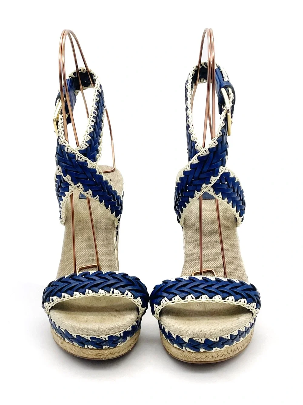 Tory Burch Lilah Espadrille Wedge Sandals Size 37 Cobalt Natural Braided Leather